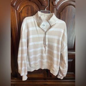 Aerie Beige and White Striped Turtleneck Sweater